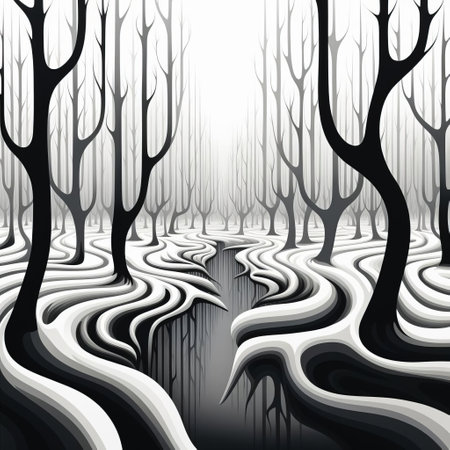 the op art forest, set against a crisp white isolated background, mesmerizes with its vibrant, swirling patterns and psychedelic shapes, evoking a sense of optical illusion and visual tension, perfect for fans of abstract art, geometric designs, and retro aesthetics. ai generatedの素材