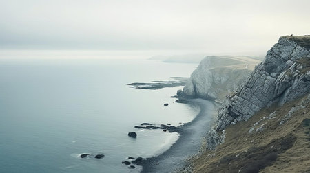 the serene coastal landscape stretches towards the horizon, where the soft blue sky meets the gentle waves of the ocean, captured in stunning detail by photographer akos major, showcasing the beauty of nature's harmony in a tranquil seaside scene, perfect for relaxation and contemplation. ai generatedの素材