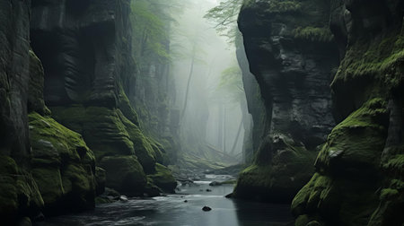 the ravine, a majestic geological formation, stretches across the landscape in this breathtaking photo by akos major, showcasing the dramatic contrast between the rugged terrain and the serene atmosphere, with lush green vegetation thriving along the rocky edges and misty clouds hovering above. ai generatedの素材