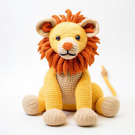 the knitted lion, with its vibrant orange and yellow hues, sits proudly against a crisp white background, showcasing the intricate details of its handmade stitches, perfect for craft enthusiasts and animal lovers alike, evoking a sense of warmth and coziness in any room. ai generatedの素材