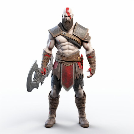 kratos, the iconic video game character, stands proudly in a powerful pose, showcasing his muscular physique and intricate armor details in stunning 3d, isolated against a crisp white background, perfect for fans of greek mythology and action-adventure games. ai generatedの素材