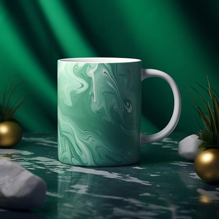 the elegant jade mug mockup stands out against a vibrant, ombre-inspired background featuring a range of soothing jade shades, from soft moss to rich forest tones, perfect for showcasing your unique coffee or tea brand's packaging design in a stylish and earthy setting. ai generatedの素材