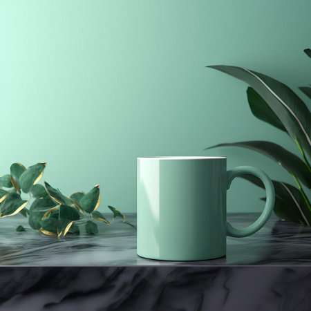 the elegant jade mug mockup sits beautifully against a stunning backdrop of ombre jade shades, showcasing a mesmerizing gradient of soft green hues that evoke feelings of serenity and calmness, perfect for designers and creatives looking for a soothing visual aesthetic. ai generatedの素材