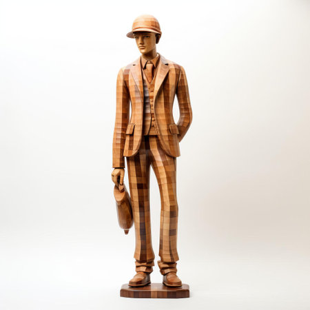 the wooden sculpture of a male figure stands proudly on a pristine white background, showcasing the artisan's skillful craftsmanship in capturing the human form through intricate details and textures, highlighting the beauty of handmade wooden art and figurine collectibles. ai generatedの素材