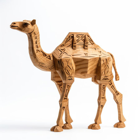 the handmade wood camel, crafted with precision and care, stands proudly on a pristine white background, showcasing its intricately carved full body, highlighting the artisan's skill in capturing the majestic beauty of this desert dweller, perfect for home decor or as a unique gift. ai generatedの素材