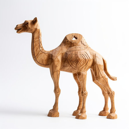 the handmade wood camel, crafted with precision and care, stands proudly on a pristine white background, showcasing its intricately carved full body, highlighting the beauty of traditional craftsmanship and the majesty of these desert dwellers, perfect for home decor or as a unique gift. ai generatedの素材