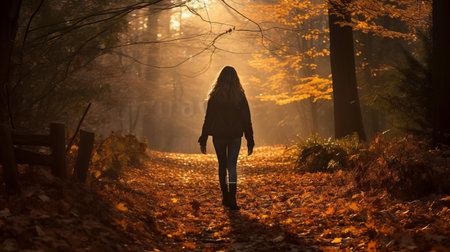 the hiker, bonnie, walks alone on a serene autumn forest trail, surrounded by vibrant orange and yellow leaves, crunching beneath her feet, as the warm sunlight filters through the trees, casting a peaceful atmosphere, perfect for a relaxing nature walk or hike on a crisp fall day. ai generatedの素材