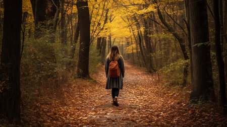 deborah walks serenely along the winding autumn forest trail, surrounded by vibrant orange and yellow leaves that crunch beneath her feet, as the warm sunlight filters through the trees, casting a cozy ambiance on this scenic hike through nature's colorful canvas. ai generatedの素材