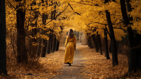 women, adorned in elegant long yellow dresses, exude a sense of tranquility as they walk away from the viewer, their attire harmoniously complemented by the warm hues of the surrounding lush green foliage, evoking feelings of serenity and peacefulness in a natural outdoor setting. ai generatedの素材