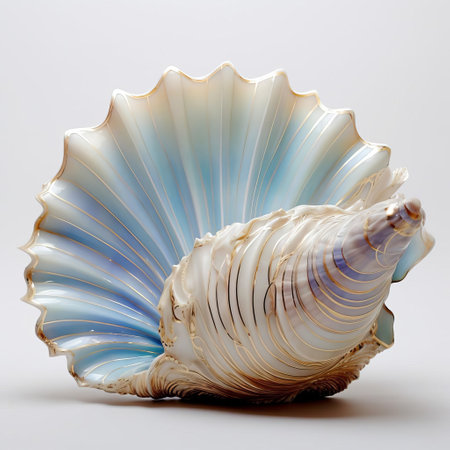 the shell, with its subtle blue color and elegant gold accent, glistens in the light, showcasing the beauty of nature's treasures, perfect for decorative displays or as a unique addition to a coastal-themed room, evoking feelings of serenity and tranquility. ai generatedの素材