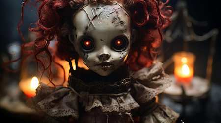 the antique porcelain doll, surrounded by eerie shadows, appears to harbor malevolent spirits, its cold, dead eyes seeming to pierce through the darkness, evoking a sense of foreboding and unease, as if it's watching and waiting, exuding an aura of supernatural malevolence and haunted mystery. ai generatedの素材