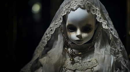 the doll, with its porcelain skin and glassy eyes, appears eerily lifelike in this close-up photo, evoking a sense of unease as it seems to stare directly into the soul, conjuring images of haunted mansions and supernatural entities from ancient folklore and horror movies. ai generatedの素材