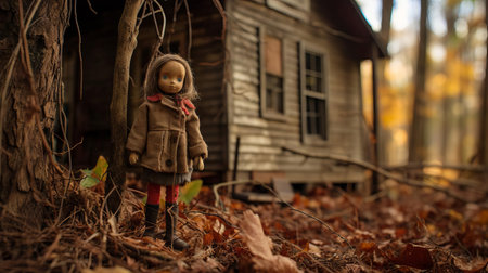 the cabin in the woods doll, surrounded by lush greenery and rustic wooden accents, gazes eerily into the distance, its porcelain skin and intricately stitched clothing evoking a sense of nostalgia and mystery, perfect for fans of horror movies and eerie atmosphere. ai generatedの素材