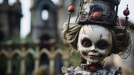the doll, dressed in a miniature medieval costume, sits eerily in front of a haunted castle backdrop, its glassy eyes seeming to stare into the soul, evoking a sense of mystery and foreboding, perfect for fans of spooky decorations and gothic architecture enthusiasts. ai generatedの素材