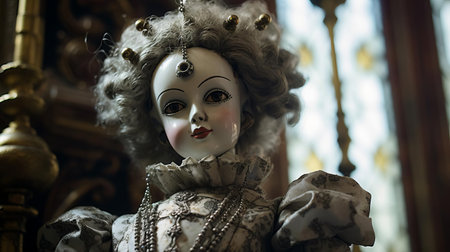 the haunted castle doll is showcased in a spooky close-up photo, its intricately designed victorian-era inspired attire and eerie facial expression evoking a sense of mystique and foreboding, perfect for fans of paranormal activity and dark fantasy enthusiasts. ai generatedの素材
