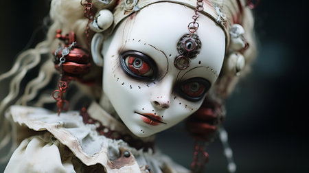 the antique porcelain doll, with its cracked face and worn-out clothes, appears eerily sinister in this close-up photo, evoking feelings of unease and fear, as if malevolent spirits lurk within, waiting to unleash their dark powers, casting a haunting spell on all who dare to gaze upon it. ai generatedの素材
