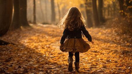 lillian strolls along the serene autumn forest trail, surrounded by vibrant orange and yellow leaves, crunching beneath her feet, as the warm sunlight filters through the trees, casting a cozy ambiance, perfect for a peaceful fall hike or nature walk. ai generatedの素材