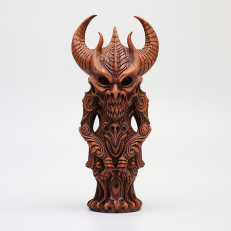the wooden demon figurine, meticulously handcrafted from natural wood, stands proudly on a pristine white background, showcasing its intricate details and eerie presence, evoking a sense of mysticism and ancient mythology, perfect for fans of dark fantasy and occult art. ai generatedの素材