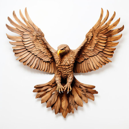 the majestic handmade wood eagle, crafted with precision and care, spreads its wings wide, showcasing its powerful full body on a pristine white background, evoking feelings of freedom and strength, perfect for nature lovers and woodworking enthusiasts alike. ai generatedの素材