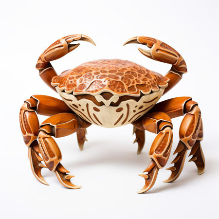 the intricately carved handmade wood crab sits proudly on a pristine white background, showcasing its full body in stunning detail, highlighting the craftsmanship of the skilled artisan who brought this marine creature to life in a beautiful wooden sculpture. ai generatedの素材