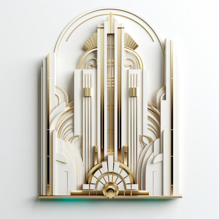 the mansion, a stunning 3d home, stands out against a crisp white background, showcasing its opulent art deco design, complete with intricate geometric patterns, ornate details, and luxurious curves, evoking the glamour of a bygone era in modern digital art. ai generatedの素材