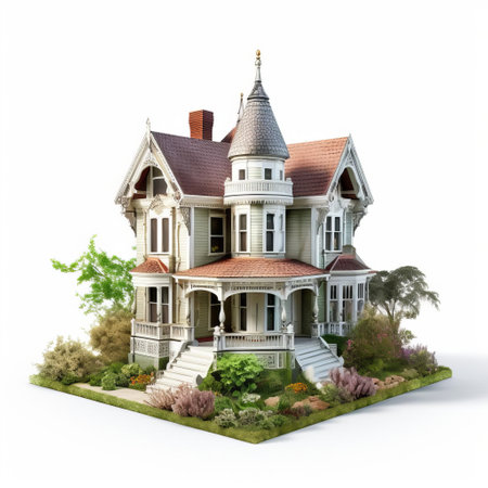 the queen anne 3d home stands majestically against a pristine white background, showcasing its intricate architectural details, ornate facades, and grandiose victorian-era inspired design, perfect for 3d modeling, architecture visualization, and home decor inspiration. ai generatedの素材