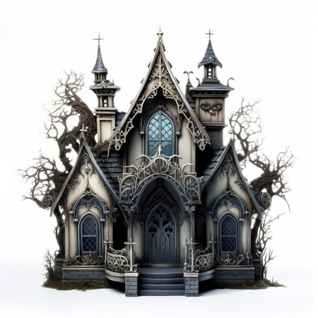 mansion stands majestically in a serene white background, showcasing its intricate 3d gothic architecture with pointed arches, ribbed vaults, and flying buttresses, evoking a sense of mystery and grandeur, perfect for fantasy and medieval-themed designs, digital art, and 3d modeling projects. ai generatedの素材