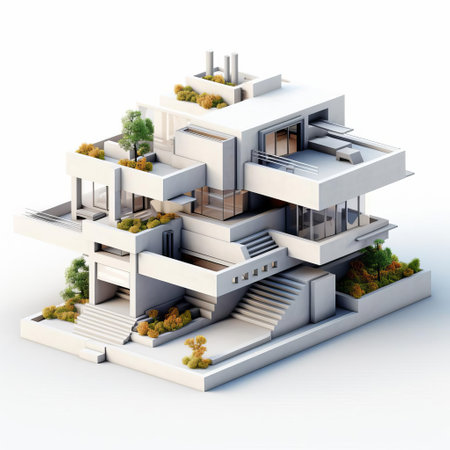 the 3d home, a stunning representation of brutalist architecture, stands out against a pristine white background, showcasing its rugged, geometric features and minimalist aesthetic, evoking a sense of modernity and sophistication in interior design and architectural visualization. ai generatedの素材