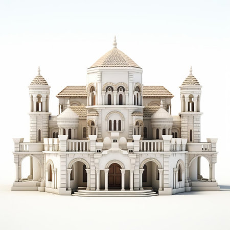 mansion stands majestically in a pristine white background, showcasing its stunning romanesque architecture with intricate stone carvings, grand arches, and ornate details, evoking a sense of luxury and sophistication, perfect for 3d visualization, real estate, and interior design inspiration. ai generatedの素材