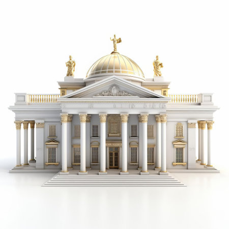 the palladian 3d home stands elegantly against a pristine white background, showcasing its stunning architectural details, symmetrical facade, and majestic columns, evoking a sense of luxury and sophistication, perfect for interior design and architectural visualization projects. ai generatedの素材