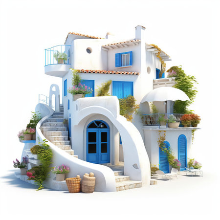 "mediterranean villa, a stunning 3d home design, stands out against a crisp white background, showcasing its elegant curves and ornate details, perfect for a luxurious coastal living experience, evoking feelings of serenity and sophistication in modern architecture and interior design.", ai generatedの素材