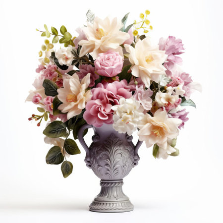 the elegant luxury vase, adorned with exquisite flowers, sits serenely isolated on a pristine white background, evoking a sense of sophistication and refinement, perfect for adding a touch of opulence to any interior design or decorative arrangement, exuding beauty and charm. ai generatedの素材