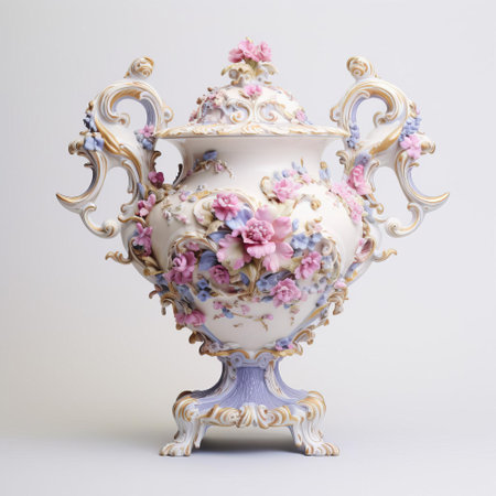 the ornate rococo ware vase sits elegantly against a pristine white background, showcasing its intricate golden filigree and delicate curves, evoking the opulence and grandeur of 18th-century european decorative arts, perfect for antique collectors and enthusiasts of luxury home decor. ai generatedの素材