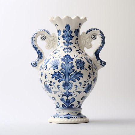 faience pottery sits elegantly against a pristine white background, showcasing its intricate ceramic designs and vibrant turquoise glaze, evoking a sense of ancient middle eastern and north african craftsmanship, perfect for decorative accents or antique collector enthusiasts. ai generatedの素材