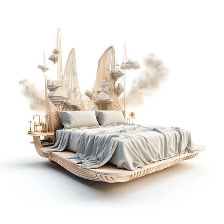 the 3d bed, rendered in exquisite detail, sits elegantly on a pristine white background, showcasing its sleek design and modern aesthetic, perfect for interior design and furniture visualization, highlighting the beauty of contemporary bedroom decor and luxurious sleeping spaces. ai generatedの素材