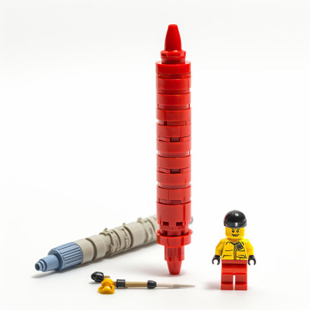 the lego pen stands upright on a pristine white background, showcasing its vibrant colors and intricate design, perfect for stationery enthusiasts and fans of the iconic toy brick, highlighting the creativity and imagination that comes with building and writing. ai generatedの素材