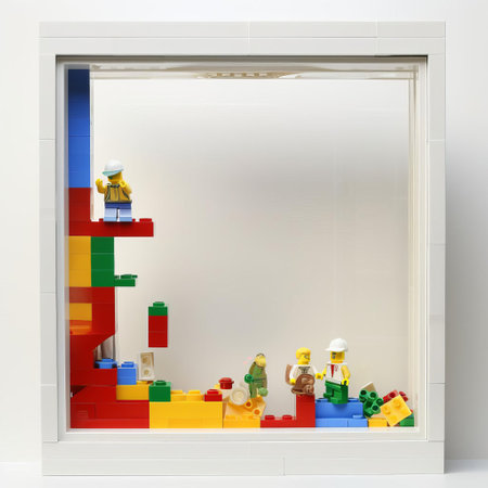 the lego minifigure stands proudly in front of a bright white background, showcasing its intricate details and vibrant colors, with its tiny hands and feet perfectly posed, creating a fun and playful atmosphere, perfect for lego enthusiasts and photography lovers alike. ai generatedの素材