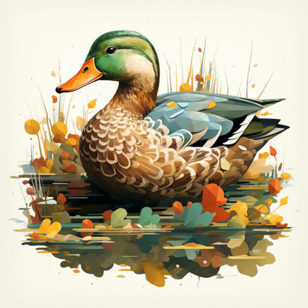 the duck, depicted in a flat illustration style, showcases its vibrant plumage and adorable facial features, set against a clean white background, perfect for use in children's books, educational materials, or as a fun design element in digital projects, highlighting its natural beauty and charm. ai generatedの素材