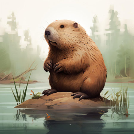 a beaver, showcased in a whole and flat illustration, is depicted in its natural habitat, surrounded by lush greenery and serene water, highlighting its remarkable engineering skills in building dams and lodges, while emphasizing its importance in maintaining ecosystem balance and biodiversity. ai generatedの素材