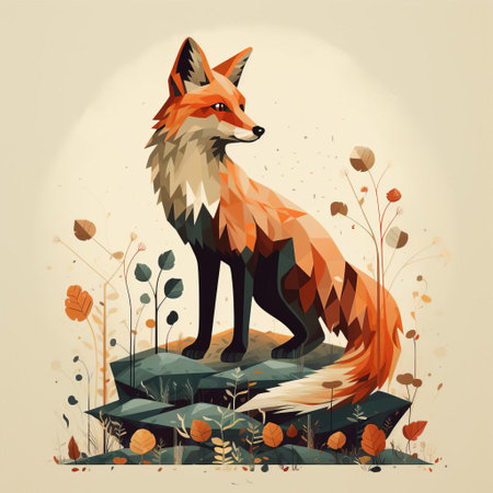 the fox, with its vibrant orange fur and bushy tail, is majestically illustrated in a flat design style, showcasing its cunning nature and agility, set against a minimalist background, perfect for nature lovers and wildlife enthusiasts seeking unique digital art. ai generatedの素材