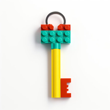 the lego key, standing upright on a pristine white background, showcases its vibrant colors and intricate design, highlighting the iconic toy brick's versatility as a functional keychain accessory, perfect for fans of the popular building blocks and nostalgic collectors alike. ai generatedの素材