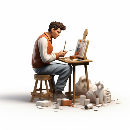the 3d male artist, dressed in casual attire, stands confidently on a pristine white isolated background, surrounded by empty space, highlighting his creative personality and showcasing his artistic skills in a modern digital illustration. ai generatedの素材