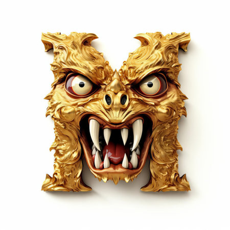 the gold monster, a majestic creature, proudly displays the bold letter n on a pristine white background, exuding luxury and sophistication, perfect for alphabet-inspired designs, typography enthusiasts, and those who appreciate metallic accents in their visual compositions. ai generatedの素材