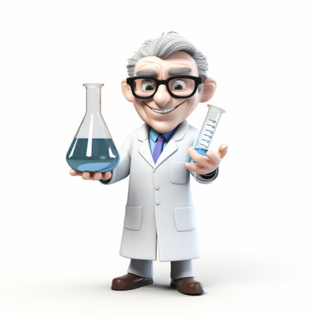 the chemist, a 3d male scientist, stands proudly on a white isolated background, wearing a lab coat and goggles, surrounded by various laboratory equipment and chemicals, conducting an experiment with precision and focus, showcasing his expertise in the field of chemistry and research. ai generatedの素材