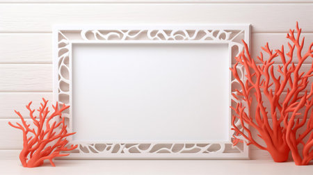 the coral frame sits elegantly on a crisp white mockup background, showcasing its intricate details and vibrant orange hues, perfect for adding a touch of coastal charm to any digital design, from social media graphics to website layouts and beyond. ai generatedの素材