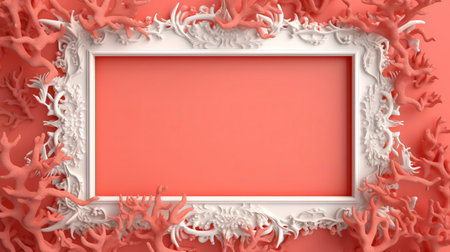 the coral frame, adorned with intricate patterns, sits elegantly on a sleek silver mockup, showcasing a beautiful blend of natural and metallic elements, perfect for jewelry or accessory design, evoking a sense of luxury and sophistication in product photography. ai generatedの素材