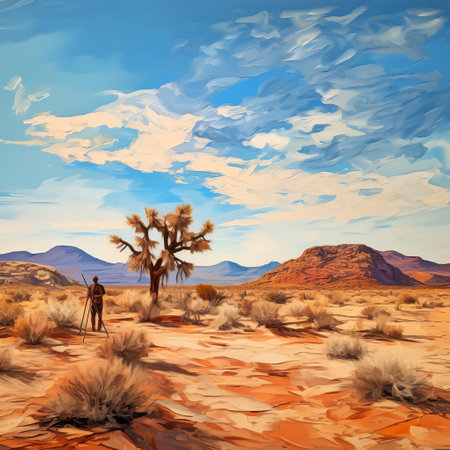 the desert landscape, bathed in warm golden light, is reimagined through the vibrant brushstrokes and bold colors characteristic of post-impressionism, evoking a sense of dreamy nostalgia and exotic adventure, as sandy dunes stretch towards a fiery orange sky. ai generatedの素材