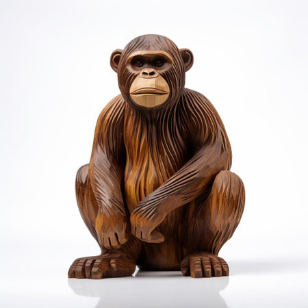 the wooden ape, crafted with precision and care, stands proudly on a pristine white background, showcasing its intricate details and textures, evoking a sense of natural beauty and rustic charm, perfect for nature lovers and wooden art enthusiasts alike, highlighting the skill of the artisan. ai generatedの素材