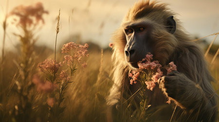 the baboon is peacefully grazing in a lush green field, surrounded by tall trees and vibrant wildflowers, showcasing its natural habitat and unique foraging behavior, highlighting the importance of conservation efforts in african savannas and grasslands. ai generatedの素材