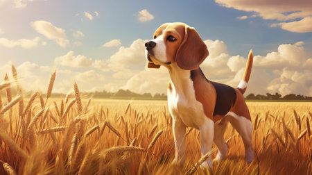the beagle is peacefully grazing in a lush green field on a sunny day, surrounded by vibrant wildflowers and tall grasses, its floppy ears and curious eyes adding to its adorable charm, capturing the joy of rural life and the beauty of nature. ai generatedの素材